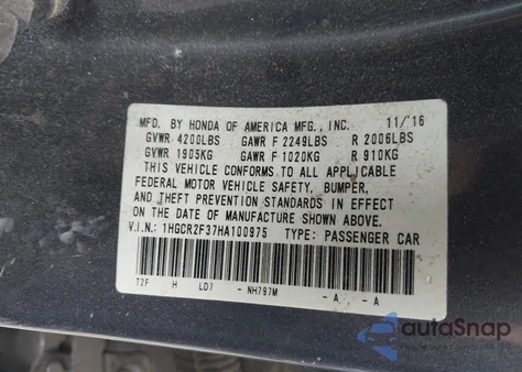 2017 Honda Accord Lx z USA, uszkodzony, nr VIN 1HGCR2F37HA100975